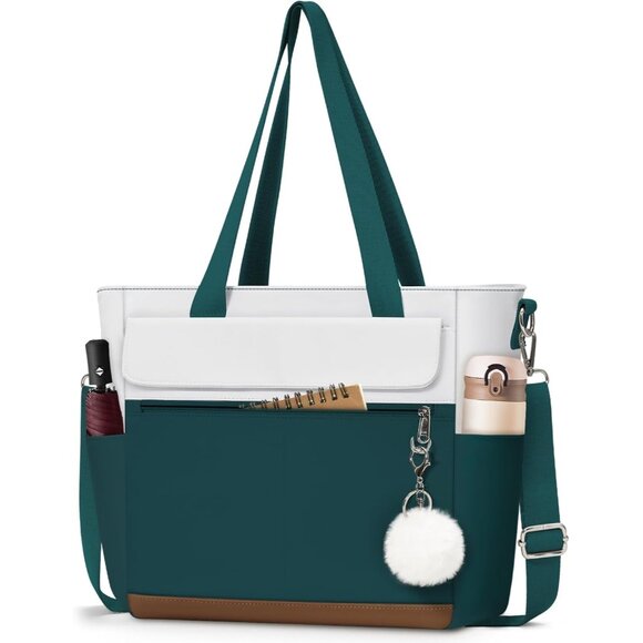 Women Dark Green With White Multi-Pocket Waterproof Canvas Tote Bags with Zipper - Picture 1 of 6